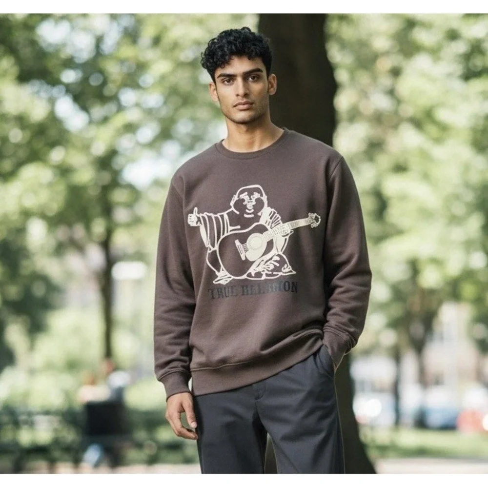 True Religion Buddha Embossed Graphic Brown Unisex Sm Crewneck Sweatshirt‎ 42